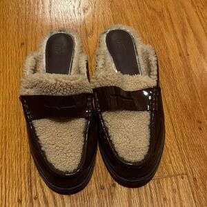 PAIGE Brown Patent Leather Loafers with Shearling